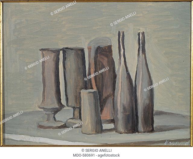 Still Life, by Morandi Giorgio, 1947, 20th Century, oil on canvas. Switzerland, Lugano, Private collection. All. Vases, pots bottles gray