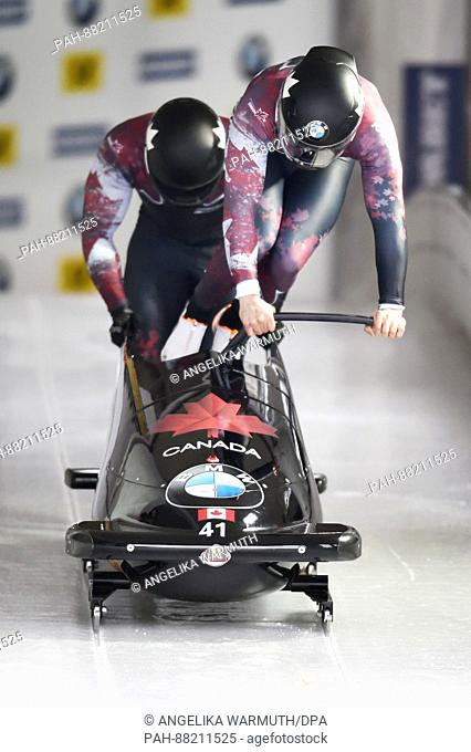 The bobsleigh athletes Nick Poloniato and Neville Wright from Canada during the Bobsleigh and Skeleton World Championships in Schoenau Am Koenigssee, Germany