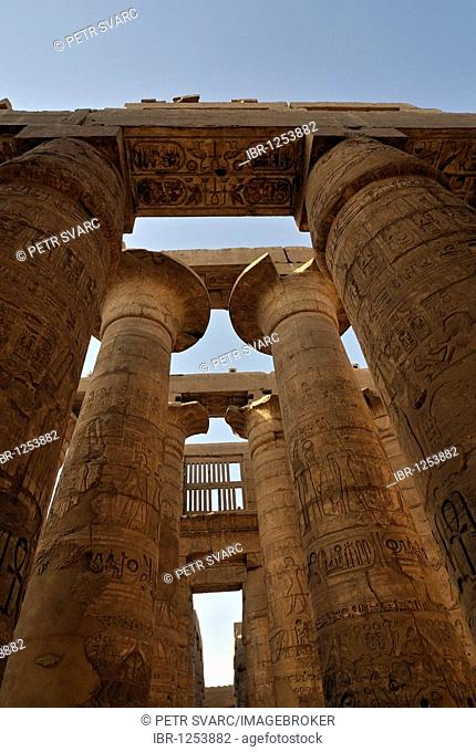 Colossal papyrus columns of Great Hypostyle Hall, precinct of Amun-Re, Karnak temple complex near Luxor, Egypt, North Africa