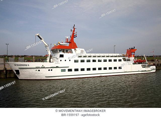 Ferry named Spiekeroog II at the harbour, Spiekeroog Island, East Frisia, Lower Saxony, Germany, Europe