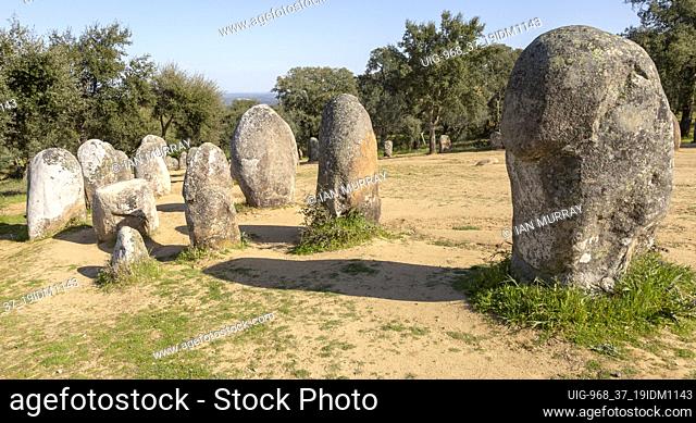Neolothic stone circle of granite boulders,  Cromeleque dos Almendres, Evora district, Alentejo, Portugal, southern Europe