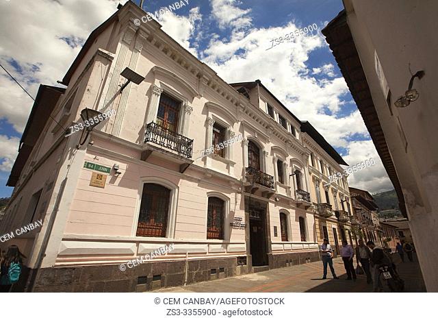 People at the street in front of colonial building used as Manuela Saenz Museum-Museo Manuela Saenz at the historic center, Quito, Ecuador, South America