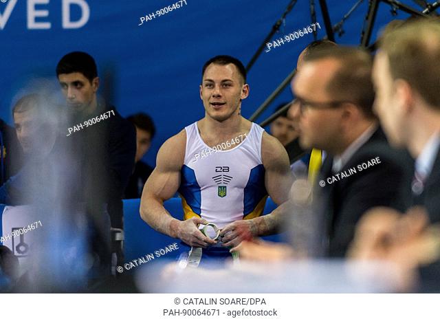 Igor Radivilov (UKR) after his performance on the rings during the Men's Apparatus Finals at the European Men's and Women's Artistic Gymnastics Championships in...