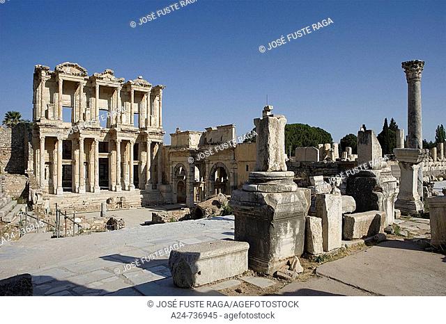 Via Sacra (main street) and Library of Celsus, ruins of Ephesus. Turkey