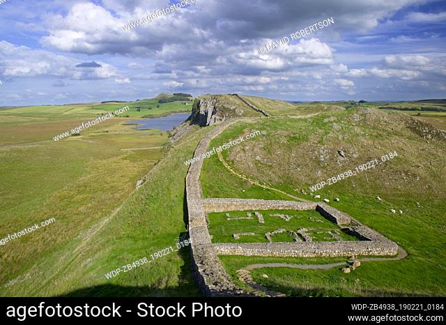 Milecastle 39 on Hadrian's Wall looking towards Crag Lough, near Once Brewed, Northumberland, England