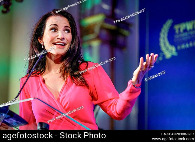 GOTHENBURG 20230914 American actress Kristin Davis gives a speech after receiving the honorary award ""The Perfect World Foundation Award"" from the hands of...