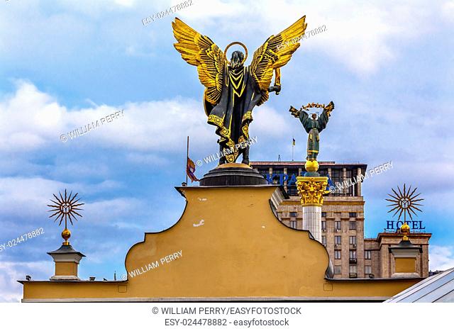 Laches Gate Saint Michael Peasant Girl Slavic Goddess Berehynia Statue on top Independence Monument, Symbol of Ukraine Independence and Orange Revolution
