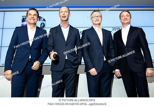 26 March 2019, Berlin: Bertelsmann Executive Board members Markus Dohle (l-r), CEO of Penguin Random House, Thomas Rabe, CEO, Bernd Hirsch