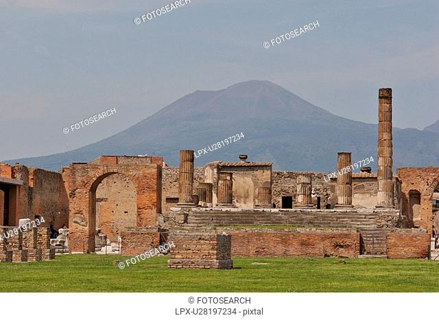 Pompeii - View of Temple of Jupiter and Vesuvius behind Forum
