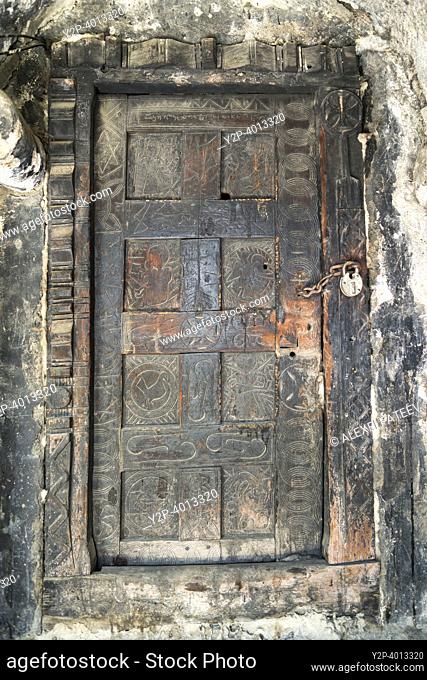 Wooden door of the Church of Archangels in Latali, Svaneti, Georgia