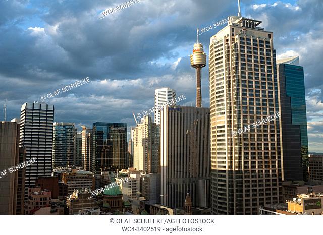 Sydney, New South Wales, Australia - Elevated view of the city skyline in the central business district with skyscrapers and Sydney Tower