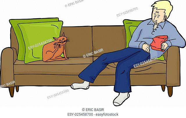 Isolated man asleep with snacks on loveseat with cat