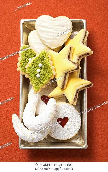 Various Christmas biscuits in a dish