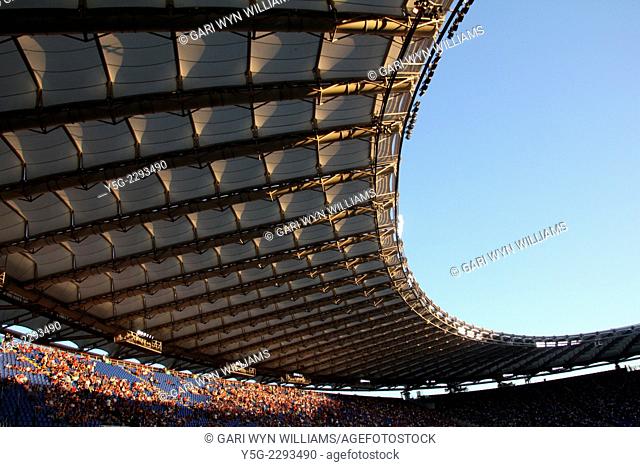 Roma football supporters at the Olympic Stadium in Rome Italy