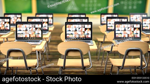 Online education, e-learning concept. Home quarantine distance learning. School desk and laptops with conference app on the screen. 3d illustration