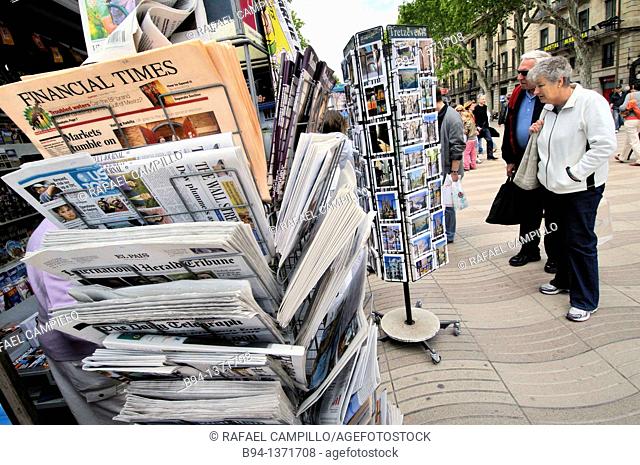 Newspaper stand, La Rambla, Barcelona, Catalonia, Spain