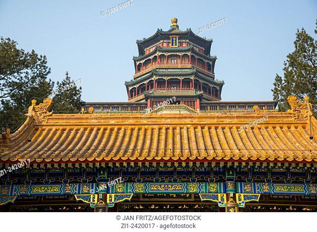 roof detail and temple at summer palace at beijing china