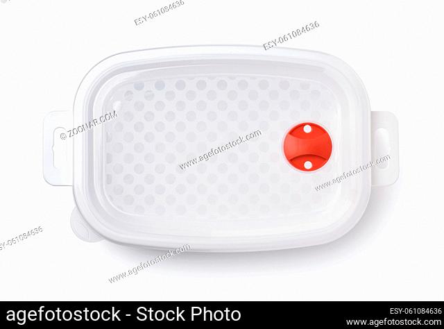 Top view of plastic storage food container with valve isolated on white