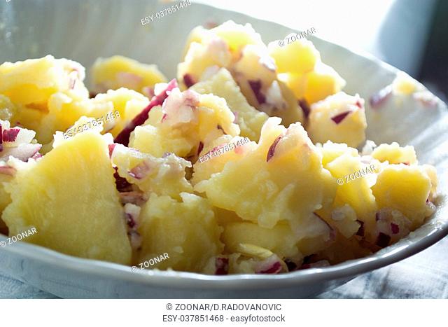 Tasty potato salad in white bowl with onions