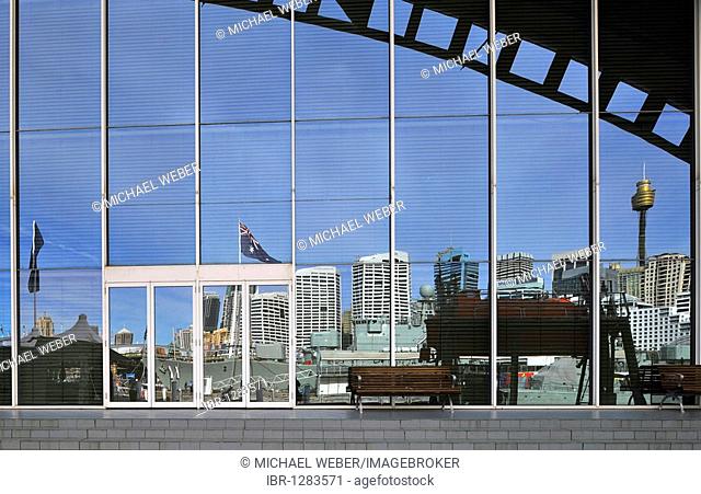 Australian National Maritime Museum, Darling Harbour, reflecting Sydney Tower or Centrepoint Tower and the skyline of the Central Business District, Sydney