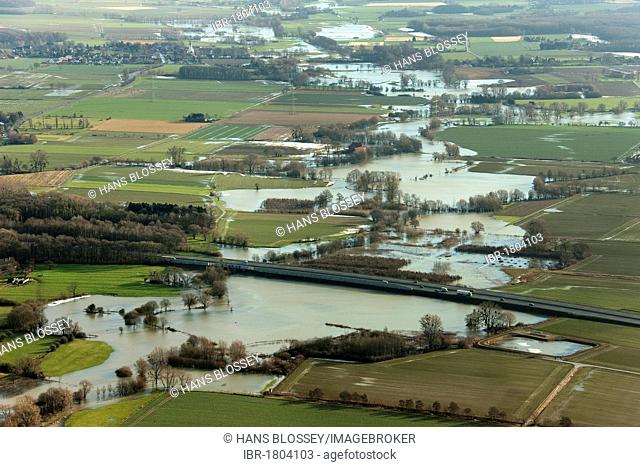 Aerial view, A2 motorway, Ahse river, Lippe inflow, flood, Hamm, Ruhrgebiet area, North Rhine-Westphalia, Germany, Europe