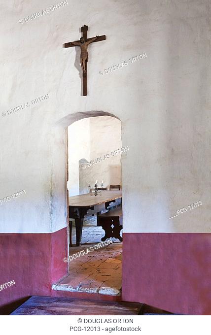 Arched doorway leading to dining room, thick adobe wall at Mission La Purisima State Historic Park, Lompoc, California, Founded in 1787