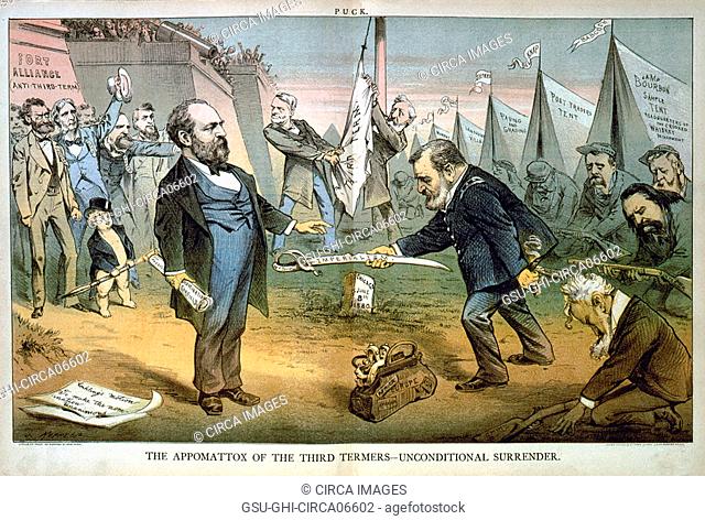 The Appomattox of Third Termers, Unconditional Surrender, Political Cartoon featuring Ulysses S. Grant and James A. Garfield after Grant's defeat for the...