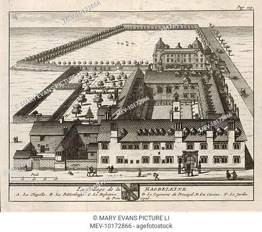 A bird's-eye view of the college showing the chapel, dining hall, library, the Dean's lodgings, the kitchen & garden. One of 39 engravings made of Oxford...