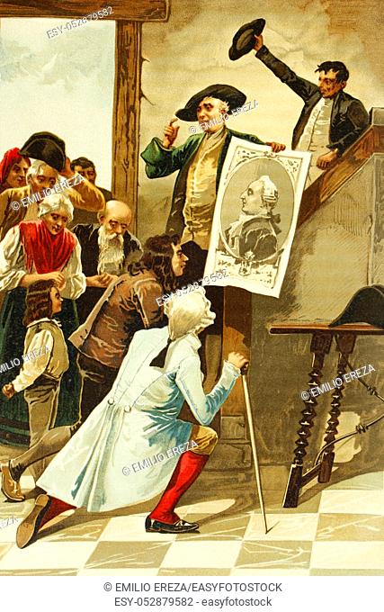 Worship of the king's portrait, Lous XVI, during the French revolution. Antique illustration of 1897