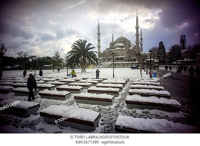 Sultan Ahmed Mosque (Blue Mosque) under the snow. Istanbul. Turkey