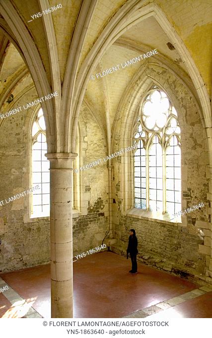 France, Burgundy, Yonne, Vermenton, abbaye of Reigny, indoor of the abbey, cistercian refectory of the 14th century with rib vault