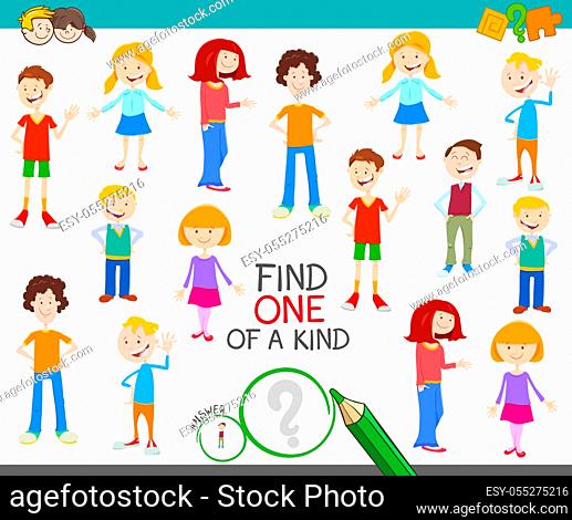 Cartoon Illustration of Find One of a Kind Picture Educational Activity Game with Funny Children Characters