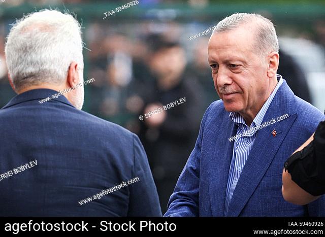 RUSSIA, ISTANBUL - MAY 28, 2023: Incumbent Turkish president and presidential candidate Recep Tayyip Erdogan (R) is seen at a polling station in Saffet Cebi...