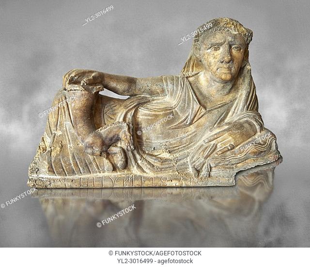 Etruscan Hellenistic style cinerary, funreary, urn cover, National Archaeological Museum Florence, Italy , grey art background