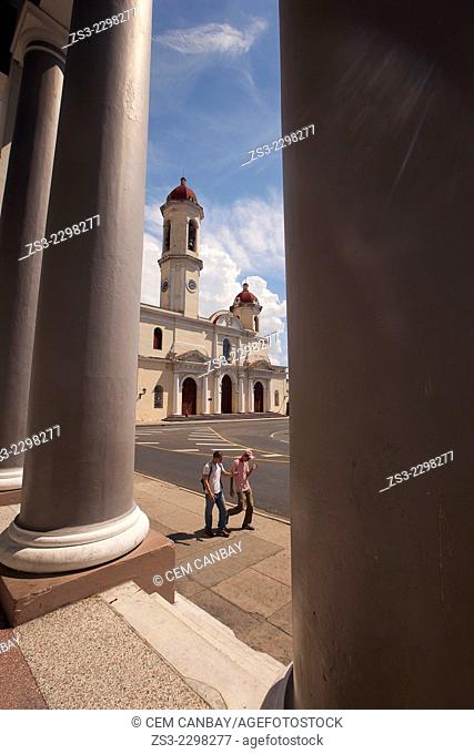 View to the Purisima Concepcion Cathedral from the college building in Jose Marti Park, Cienfuegos, Cienfuegos Province, Cuba, West Indies, Central America