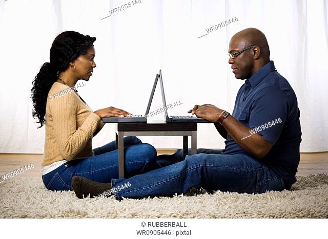 Profile of a mature couple using laptops