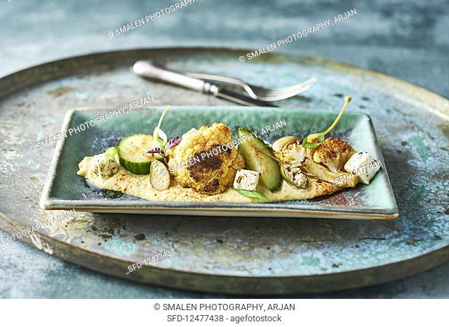 Roasted cauliflower with almond puree, apple capers, pickled cucumber, feta cheese and spring onion