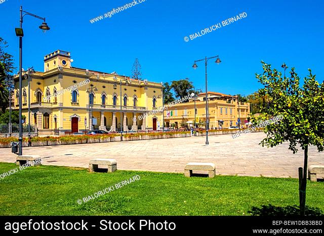 Olbia, Sardinia / Italy - 2019/07/21: Citi hall building - Municipio di Olbia - at the Corso Umberto I street and Piazza Terranova Pausania square in the...