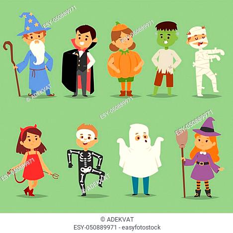 Cartoon cute kids wearing Halloween costumes vector characters, Stock  Vector, Vector And Low Budget Royalty Free Image. Pic. ESY-050889971 |  agefotostock