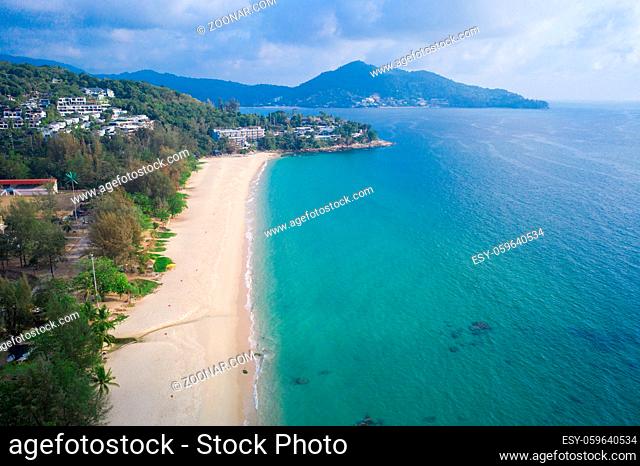 Aerial drone view of tropical empty Surin Beach in Phuket, Thailand