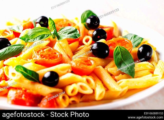 Pasta with Fresh Tomatoes and Basil. Typical Italian Dish