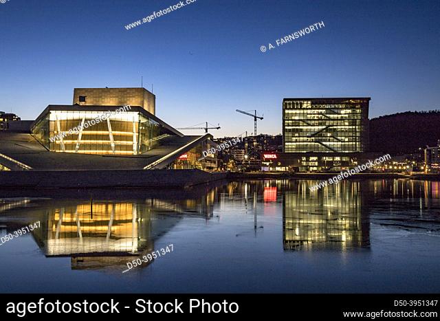 Oslo, Norway A view of the Oslo Opera House and the Munch Museum at dawn