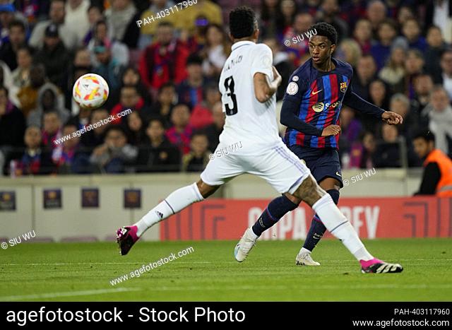 Alejandro Balde (FC Barcelona) duels for the ball against Militao (Real Madrid CF) during Kings Cup football match between FC Barcelona and Real Madrid CF