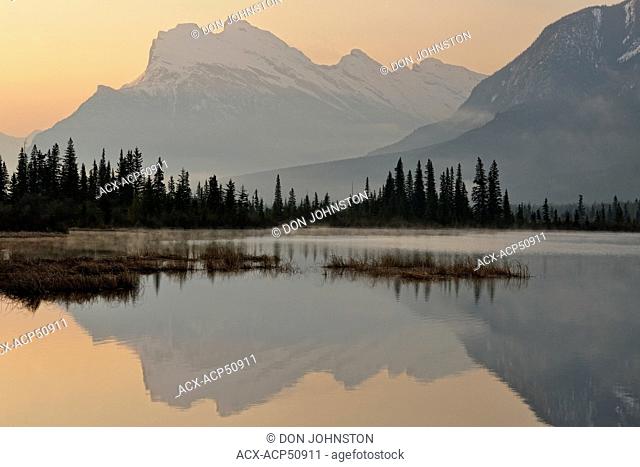Mt Rundle and Sulphur Mountain reflected in Third Vermilion Lake, Banff, Alberta, Canada