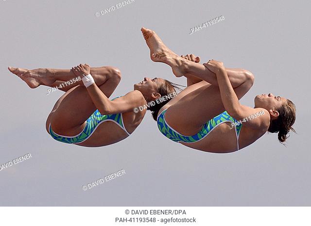 Paola Espinosa and Alejandra Orozco of Mexico in action during the women's 10m Synchro Platform diving preliminaries of the 15th FINA Swimming World...