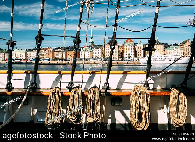 Stockholm, Sweden. Scenic View Of Embankment In Old Town Of Stockholm From Old Ship. Famous Gamla Stan In Summer Morning