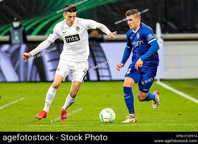 Partizan's Slobodan Urosevic and Gent's Alessio Castro Montes fight for the ball during a soccer match between Belgian KAA Gent and Serbian FK Partizan