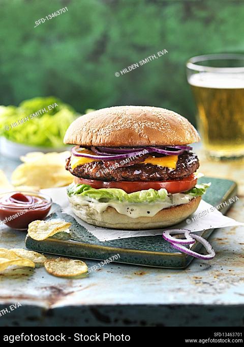 Burger with chips and beer