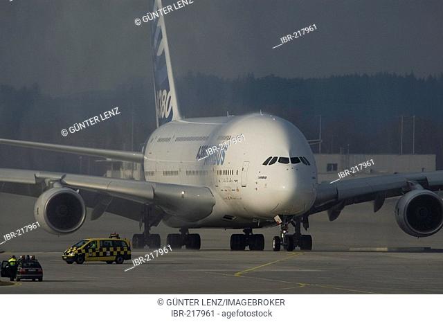 Airbus A380 starts from Franz-Josef-Strauss-Airport, Munich, Bavaria, Germany