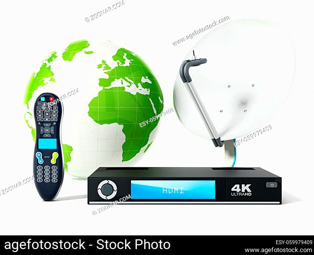 Satellite dish, 4K ultra HD receiver, remote controller with green globe. 3D illustration